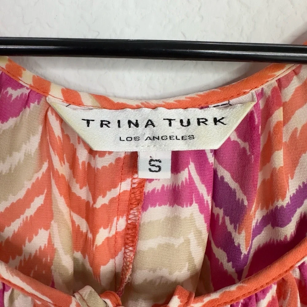 Trina Turk Shirt Women S Colorful Silk Abstract Artsy Peasant Boho Coastal Beach